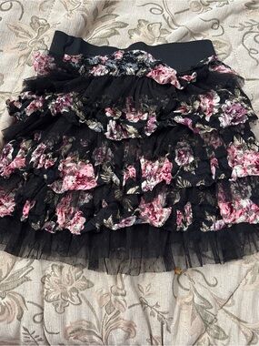 Forever 21 Black Floral Ruffled Skater Skirt